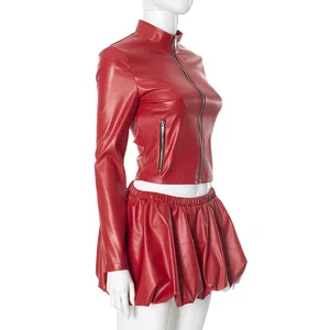 Summer Women's Sexy Y2K 2-Piece Set Leather Crop Jacket and Above Knee Bubble Skirt Lady's Stylish Outfits