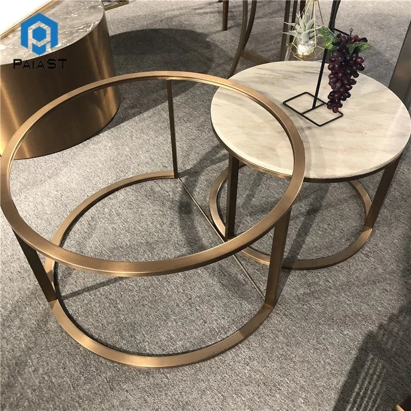 product natural white and black marble modern design  metal base round home coffee table round nature stone interior  table-2