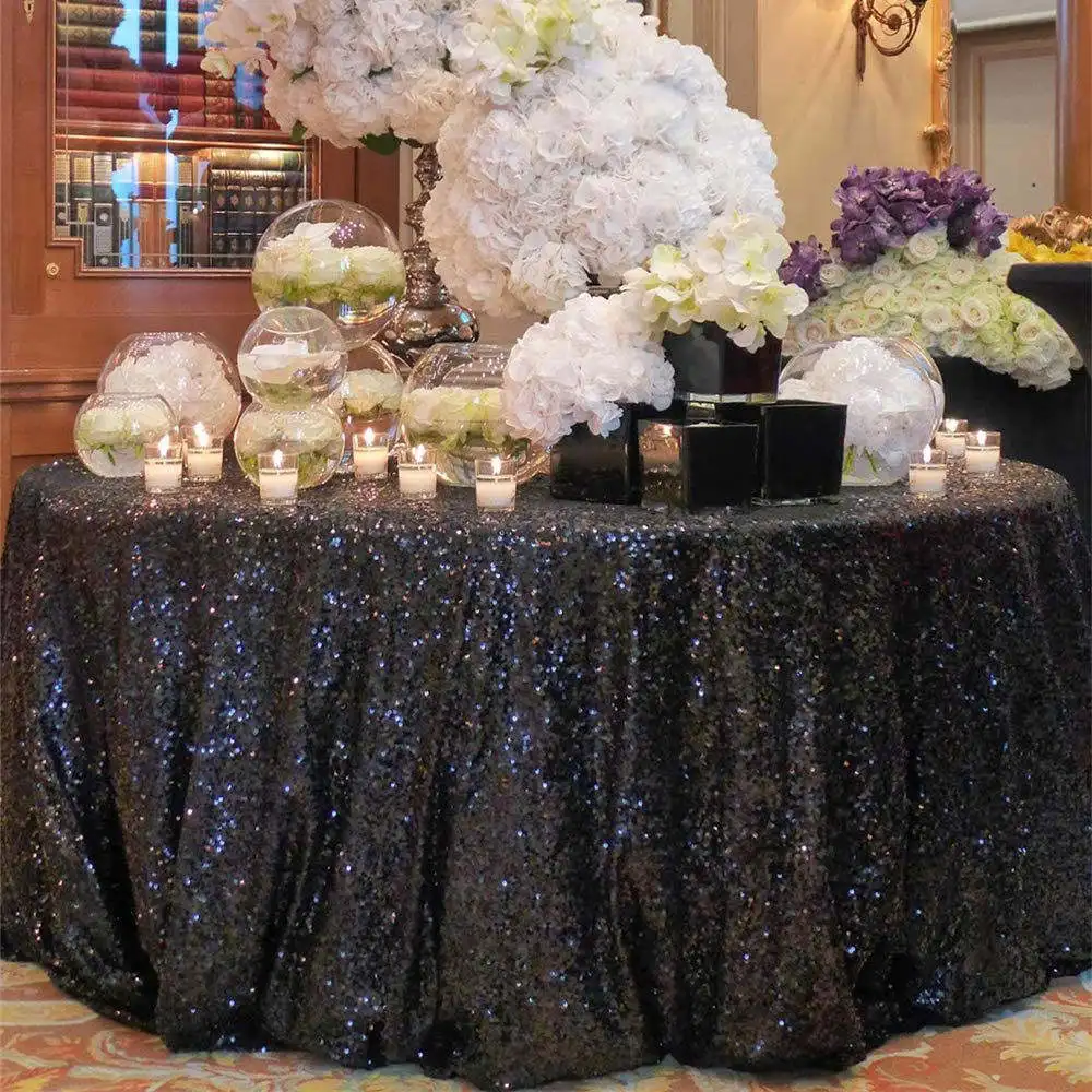 Luxury Wedding Banquet Birthday Party Glitter Tablecloth 132 Inch Black  Round Sequin Table Cloth, image size:1000x1000