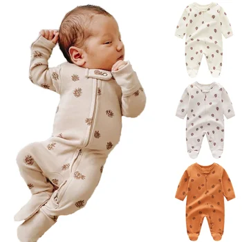 GOTS certified Customizable Organic Fabric Long Sleeve Zipper Infants Onesie Baby Romper Newborn Foot Jumpsuit