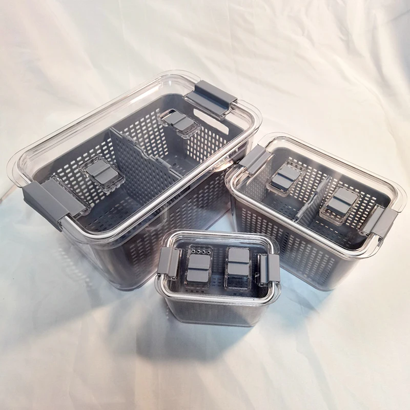 3PCS Set Fruit and Vegetable Drain Basket Preservation Box Refrigerator Organizer Bin Plastic Stackable Fridge Storage Container