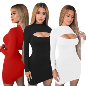 Hot Selling Round Neck Hollowed Out Long Sleeved Bodycon Sexy Mini Dress Club Dress