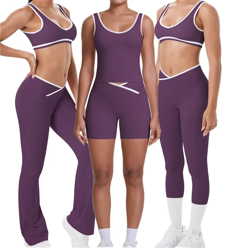 YS021 Women's Gym Fitness Activewear Sets Yoga Workout Clothing with V Waist Solid Pattern Sports Wear