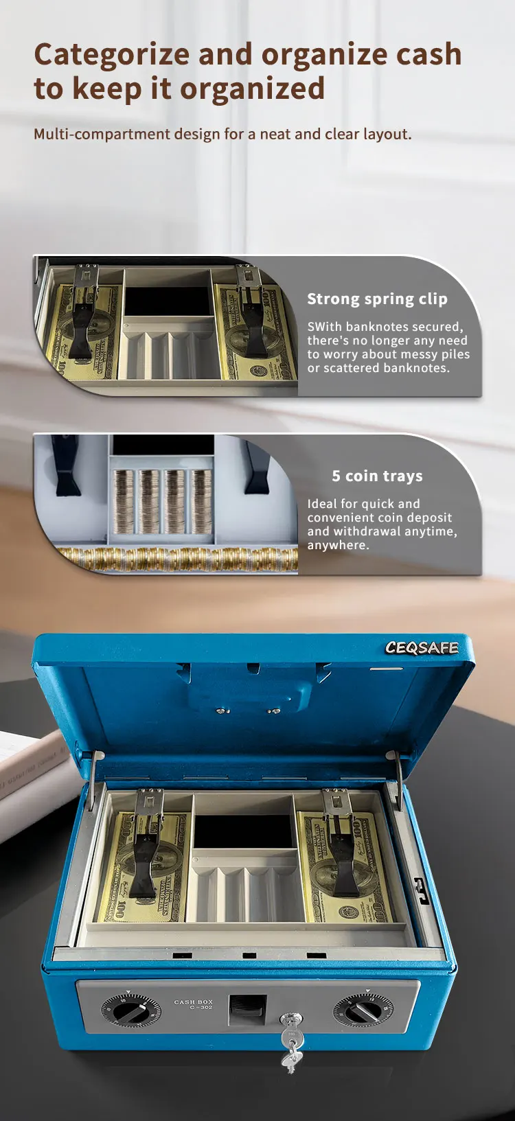 CEQSAFE Home Money Safe Box Metal Cash Box Electronic Deposit Money Box details