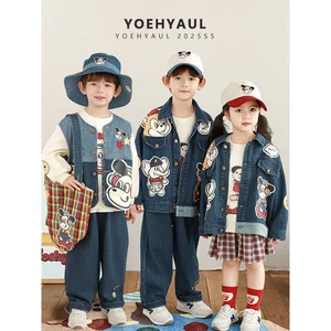 YOEHYAUL C3239 Spring New Boys Denim Jacket Hoodie Jumper Set Cartoon Print Casual Denim Set for Toddler Boys