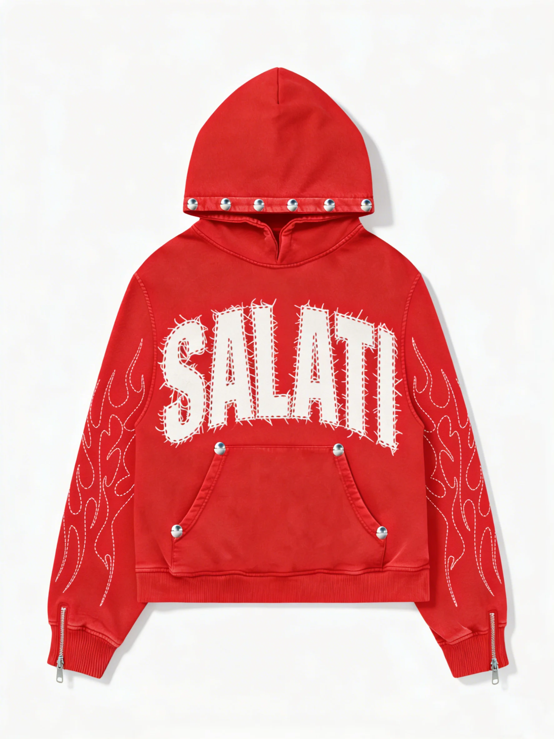 SALATI Custom Cotton Tracksuits Sweatpants and Hoodie Men Streetwear Acid Wash Distressing Embroidery Rhinestone Sweatsuit Set gallery 3
