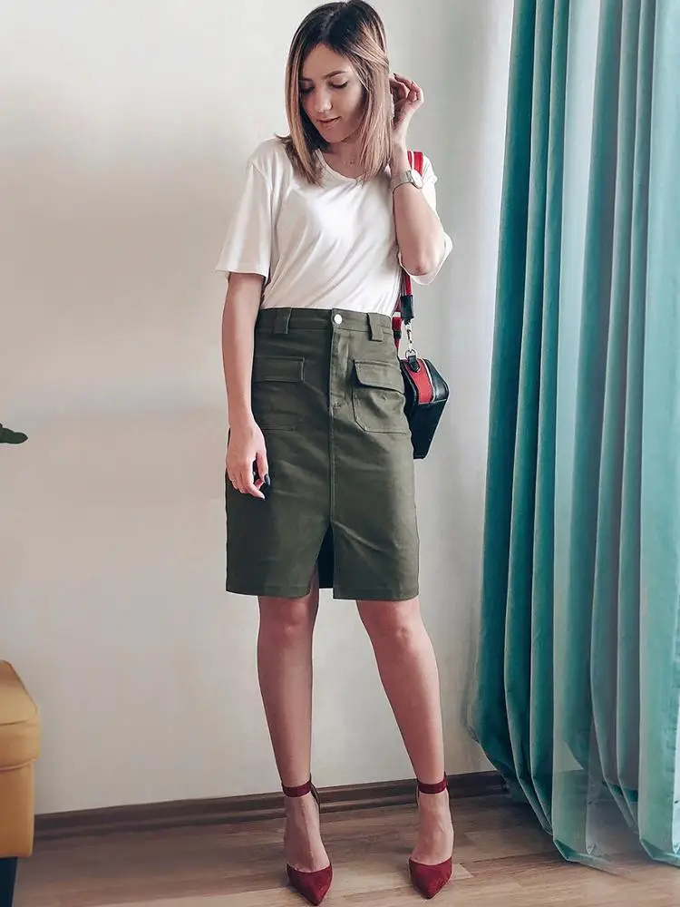 Ladies 2020 New  Spring Summer Office Casual Bodycon Pencil Skirts Women Midi Knee Length Front Pockets Streetwear Bandage Skirt