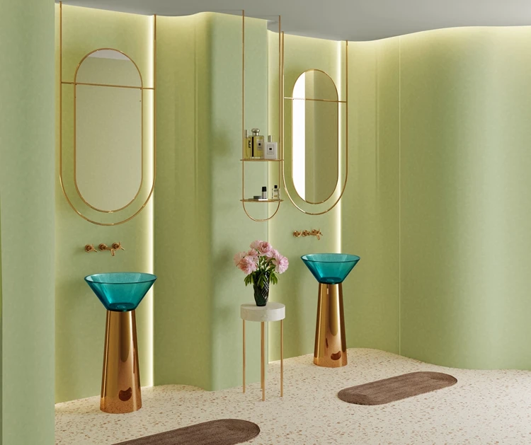 Funnel Shaped Blue Translucent Resin Basin and Rose Gold Stainless Steel Pedestal Combination Freestanding Bathroom Wash Basin