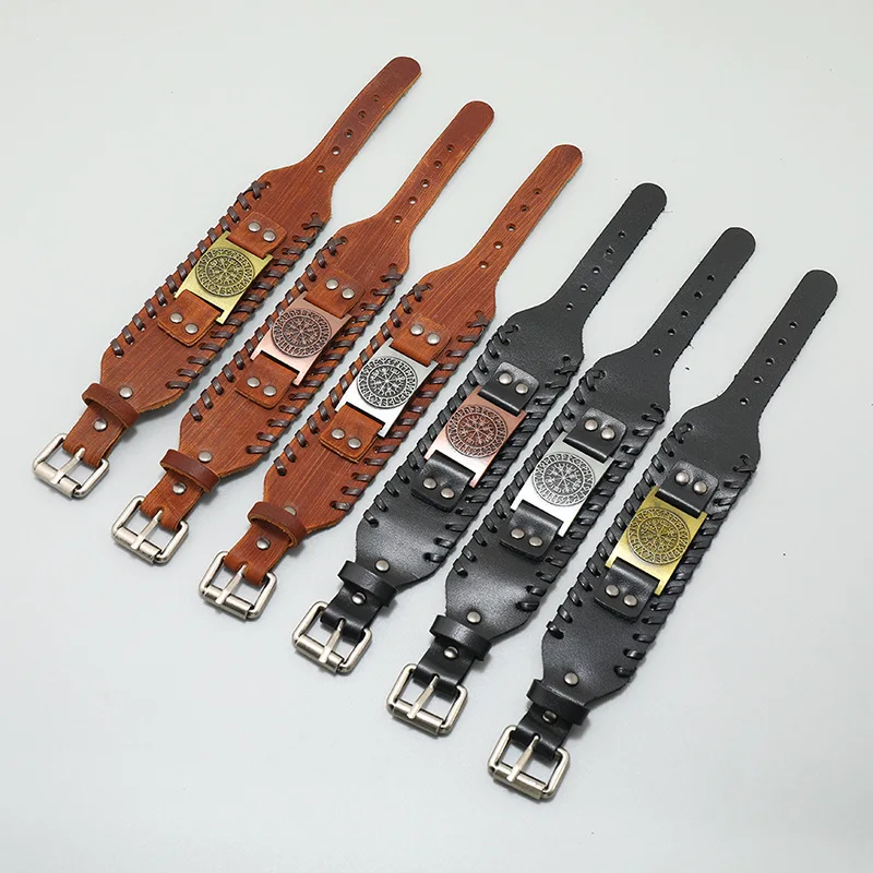 Viking Odin Totem Runes Compass Genuine Leather Bracelet