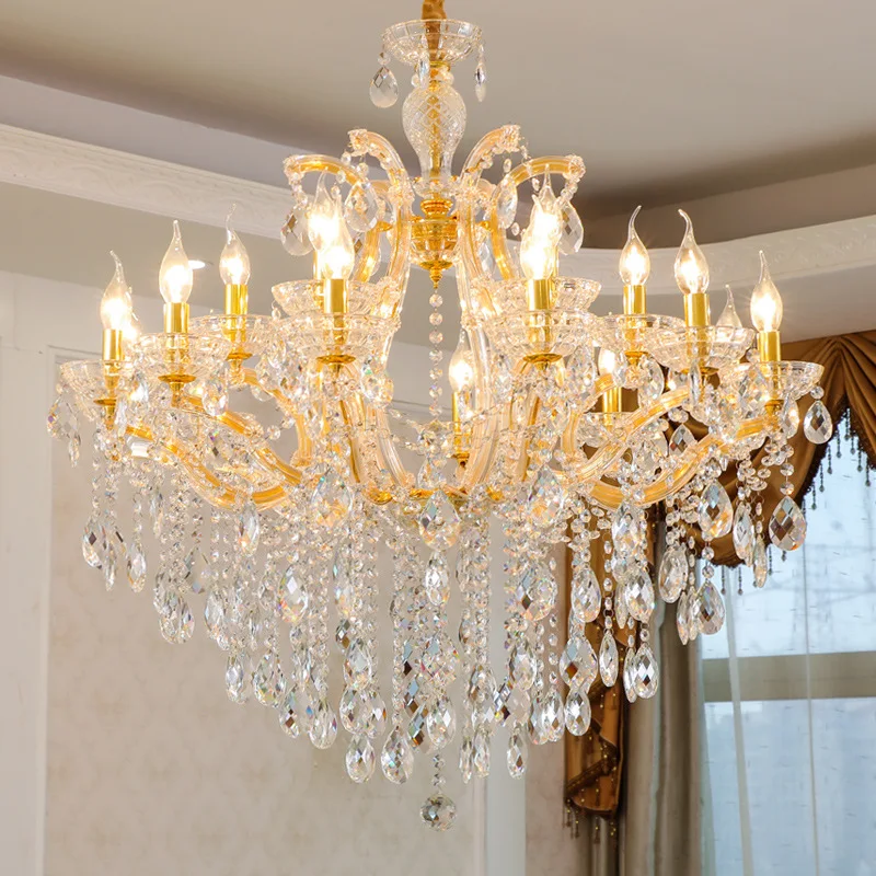 Kroonluchter in Europese stijl met goudkleurige afwerking, instelbare hoogte, kristalglazen elementen, gloeilampverlichting voor woonkamer, eetkamer en slaapkamer