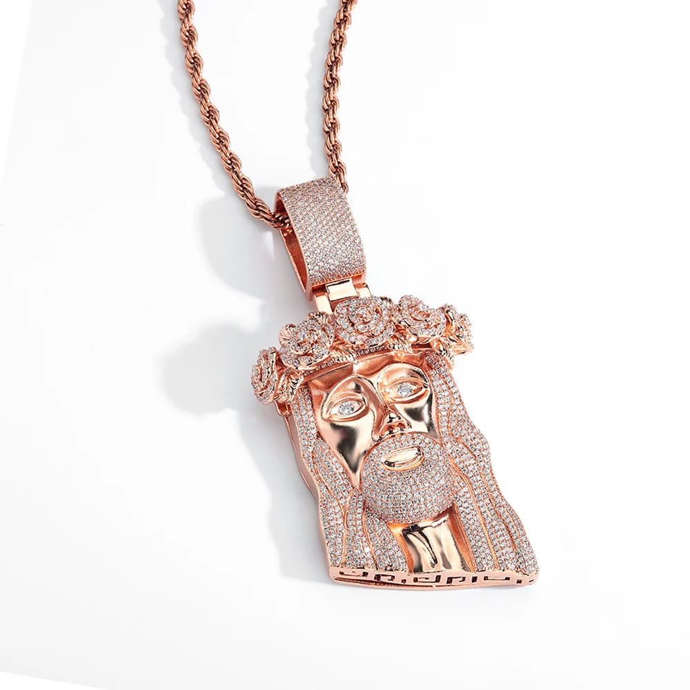 Hip Hop Style Iced Out Diamond Jesus Pendant with Rose Custom Jewelry Gold  Silver Plated Jesus Religious Christian Pendant Gift