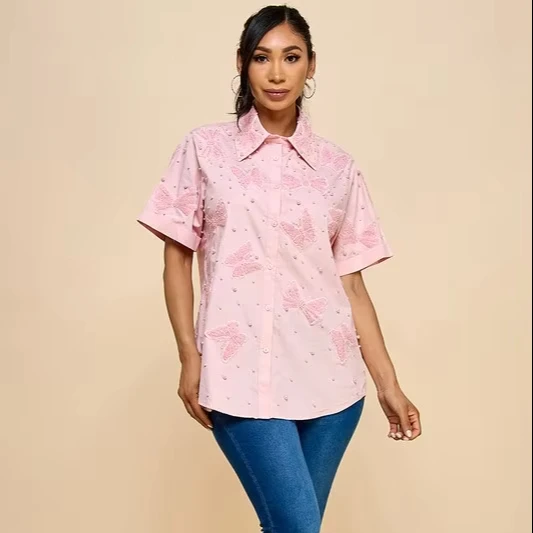 Oversized Cotton Blouse For Women Solid Pattern With Pearls Embroidery Bow Butterfly Details Button Down Closure Long Length - Image 1