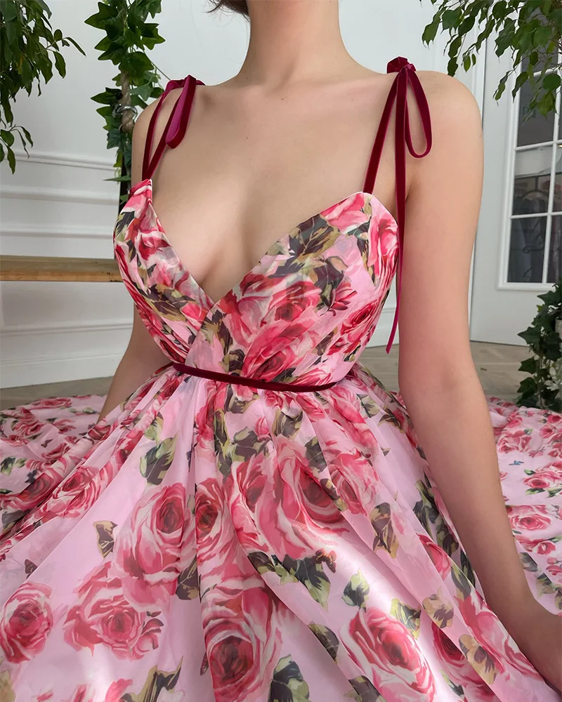 New European American French Style Women's Vintage Print Chiffon Long Sleeveless V-neck High Waist Sexy Beach Casual details