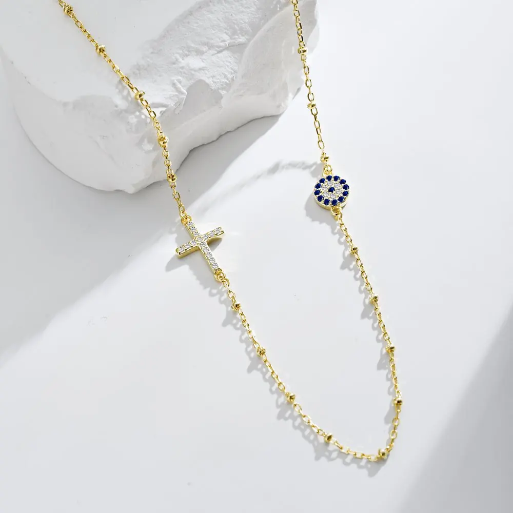 KAKODIY Water Drop Delivery Fine Jewelry Turkish Blue Magic Eye Pendant Necklace Paved Cubic Zirconia Cross Necklace for Women detail 4