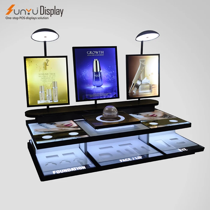 Large supermarket Brand customization metal cosmetic set display stand makeup skin care  shop with led  light