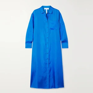Clothing Manufacturer Custom Spring Autumn Blue Polo Neck Long Sleeve Elegant Casual Women Satin Shirt Dress