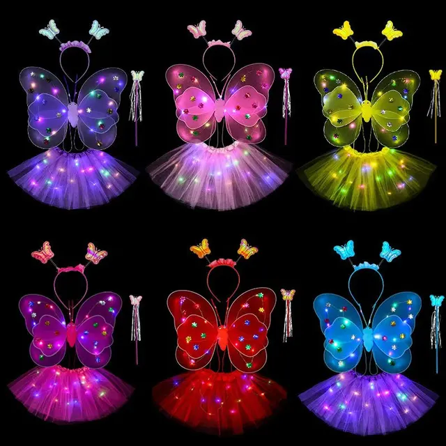 Factory supplies butterfly wings back decoration for little girls children's LED flash toys wonderful wand flower fairy set