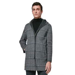 Casual High Quality Premium 100% Wool Plaid Men Hooded Jackets and Coats with Zipper