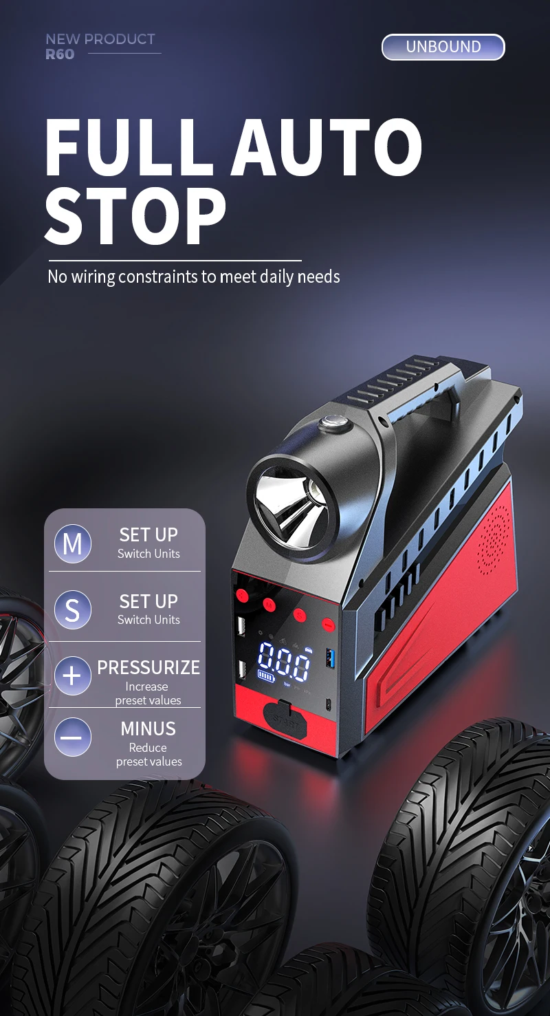 New 4 in 1 Portable Emergency Jump Starter Tyre air Pump with Power Bank air Compressor Car Inflator with LED Light