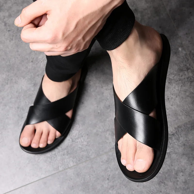 New Styles Men Summer Fashion Genuine Leather Sandals Comfortable Lightweight Cross Strap Slip on Beach Slide Sandals Shoes