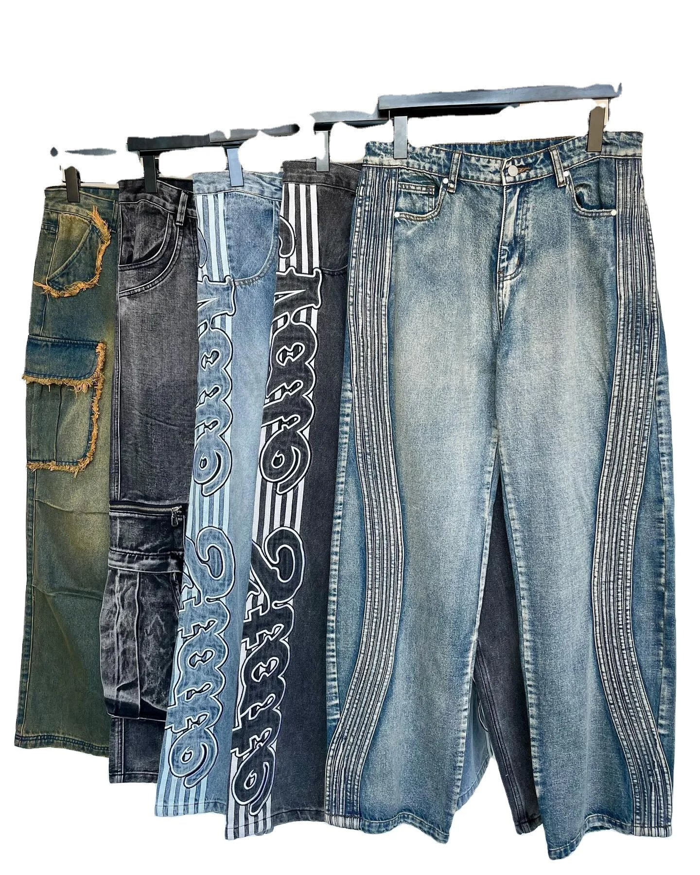 Salati Wholesale Boot Cut Wash Ripped Wide Leg Straight Distressed Flared Rhinestone Cargo Denim Jeans Pant Baggy Men Jeans