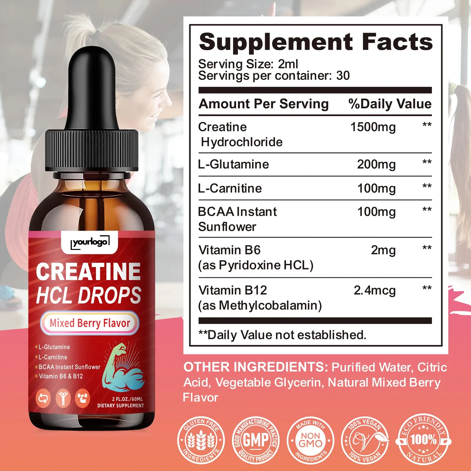 OEM Private Label Creatine HCL Liquid Drops Creatine Hydrochloride with L-Carnitine, L-Glutamine, BCAA, Vitamin B12 & B6
