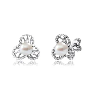 Keiyue Unique 925 Sterling Silver Pearl Hoop Earrings Elegant 925 Silver Pearl Studs for Women