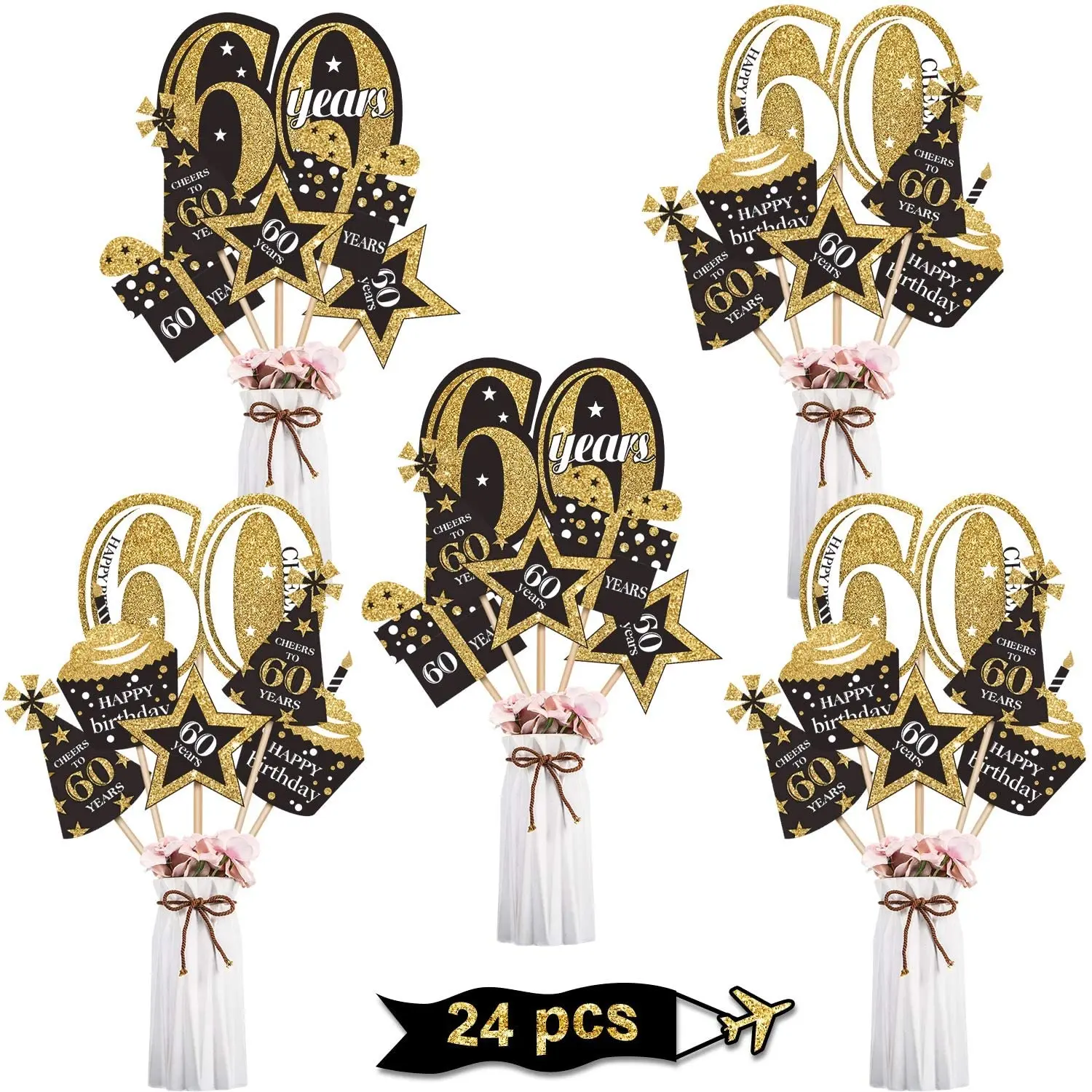 ZOIIWA 4-Pack 60th Birthday Table Centerpieces – Black & Gold 'Cheers To 60 Years' Decor