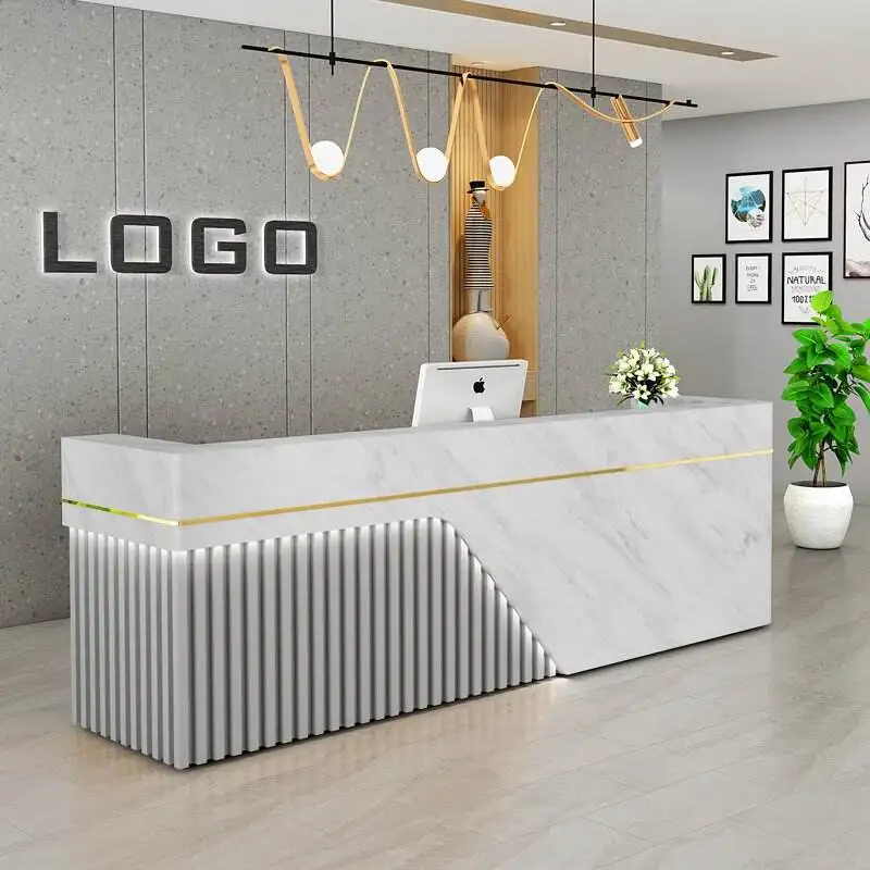 Factory Custom Free Logo Marble Bar Front Counter With Led Light  Office Reception Table  l Shaped Beauty Salon Reception Desk