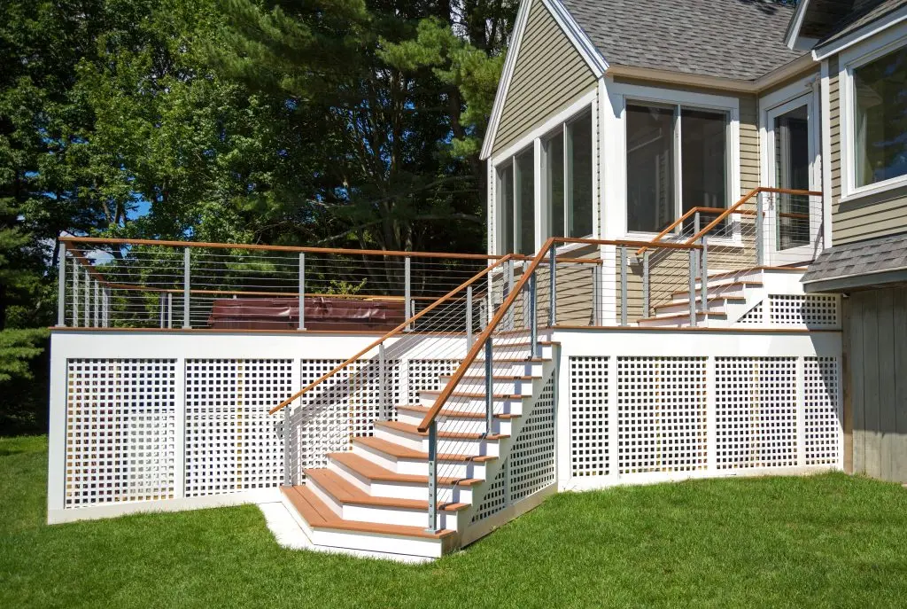 Contemporary design led lights brushed stainless steel side mounted post cable wire timber handrail deck railing supplier