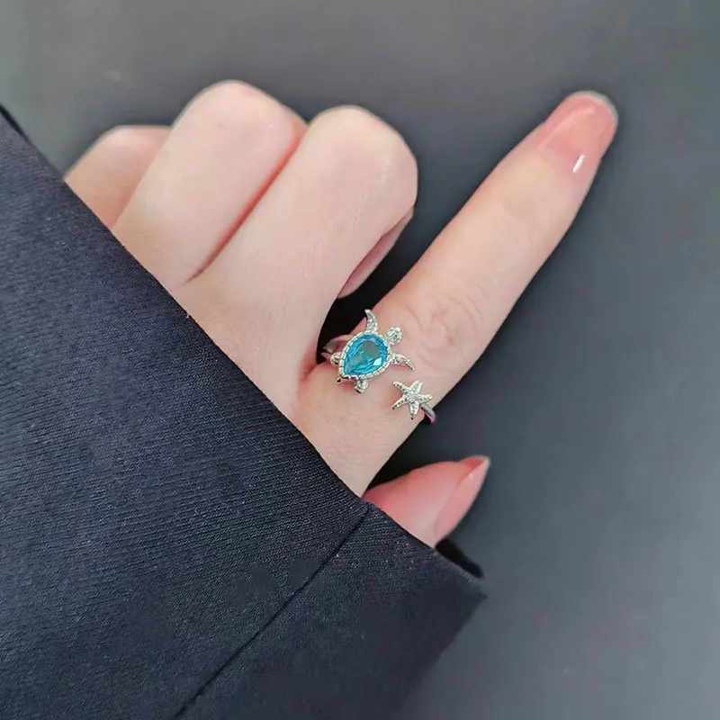 Sapphire Ocean Blue Zircon Diamond Tortoise Star Rings