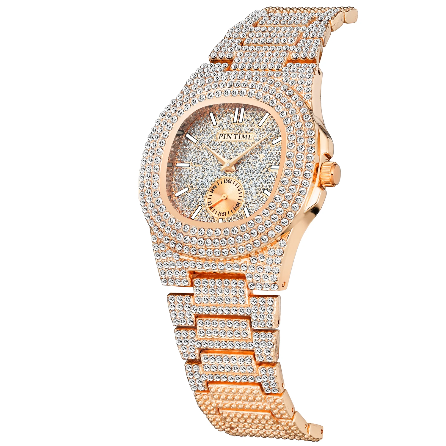 Pintime Rose Gold Wrist Watches Men Luxuries Quartz Hip Hop Men Iced