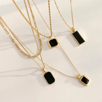 Korean vintage jewelry women punk stainless steel double layer gold plated choker necklaces geometric square pendant necklace
