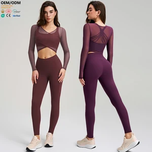 XW-YG-557-1 Women Gym Clothing Butt Lifting Legging Long Sleeve Solid Breathable Bra High Waist Fitness 3 Piece Yoga Wear Set