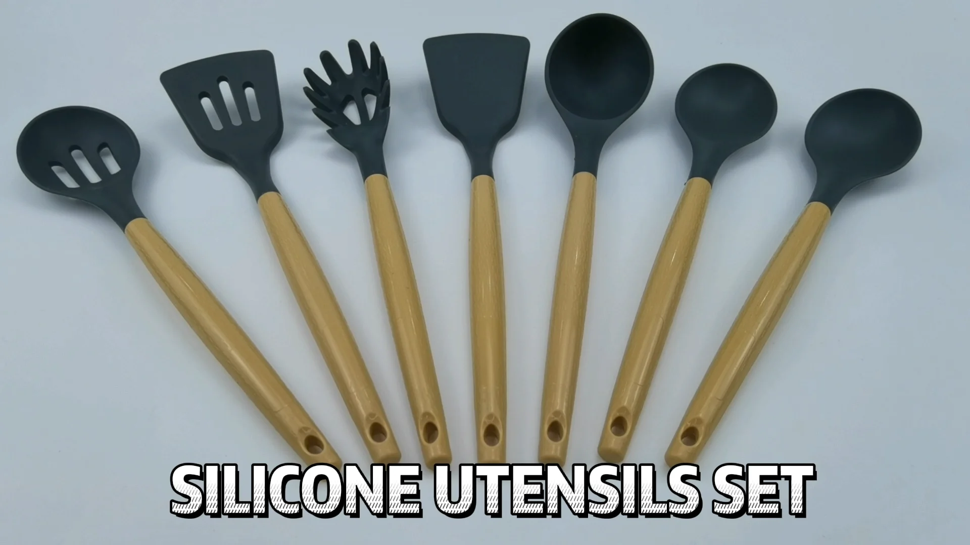 New Custom Marble Speckled Silicone Kitchenware Wooden Handle Cooking