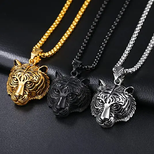 Retro Gothic Tiger Head Pendant Necklace for Men
