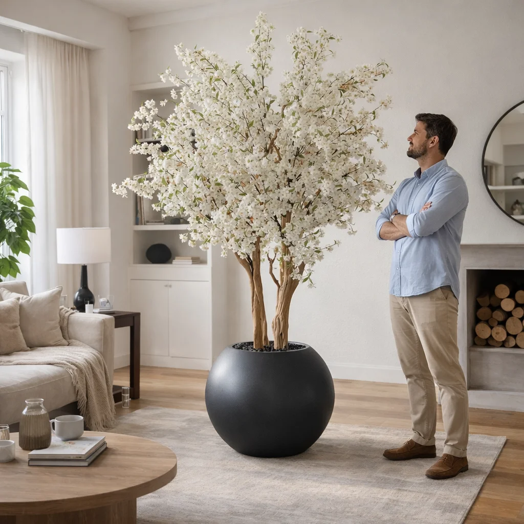 Artificial White Cherry Blossom Tree Indoor Large Potted Sakura Tree for Hotel Home Decoration