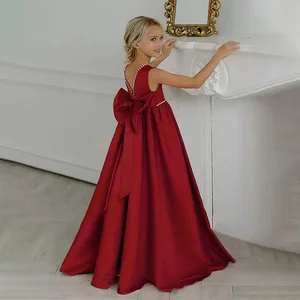 Red Satin V-back Big Bow Princess Children Birthday Flower Girls Dress Classical Floor Length Elegant Satin Party Dresses