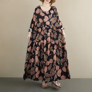 Plus Size Plain Dyed Cotton Vintage Casual Loose Floral Print Maxi Dresses for Women Midi Sleeve Dress Party Women Elegant