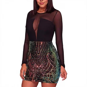 Black Spaghetti Strap Sheer Mesh Long Sleeves Club Sequins Pencil Silhouette Illusion Scoop Neckline Dress Plus Size
