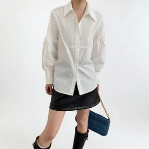 Custom Women's 100% Cotton White Button-Down Shirt with Pleated Details and Embroidered Cuffs