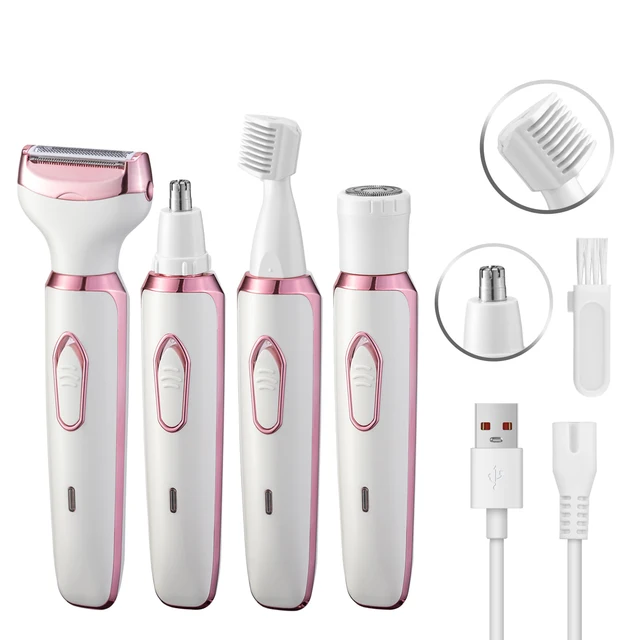 Women 4 in1 Rechargeable electronic shaver Set Facial Hair Removal Painless Body Hair Nose Hair Eyebrow Arm Leg Bikini Trimmer