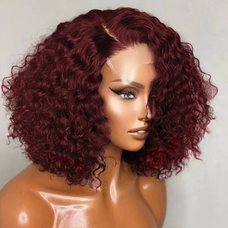 Peluca de cabello humano rizado color burdeos 99J con cierre de 4x4 y encaje frontal, peluca corta estilo bob_voghion.com