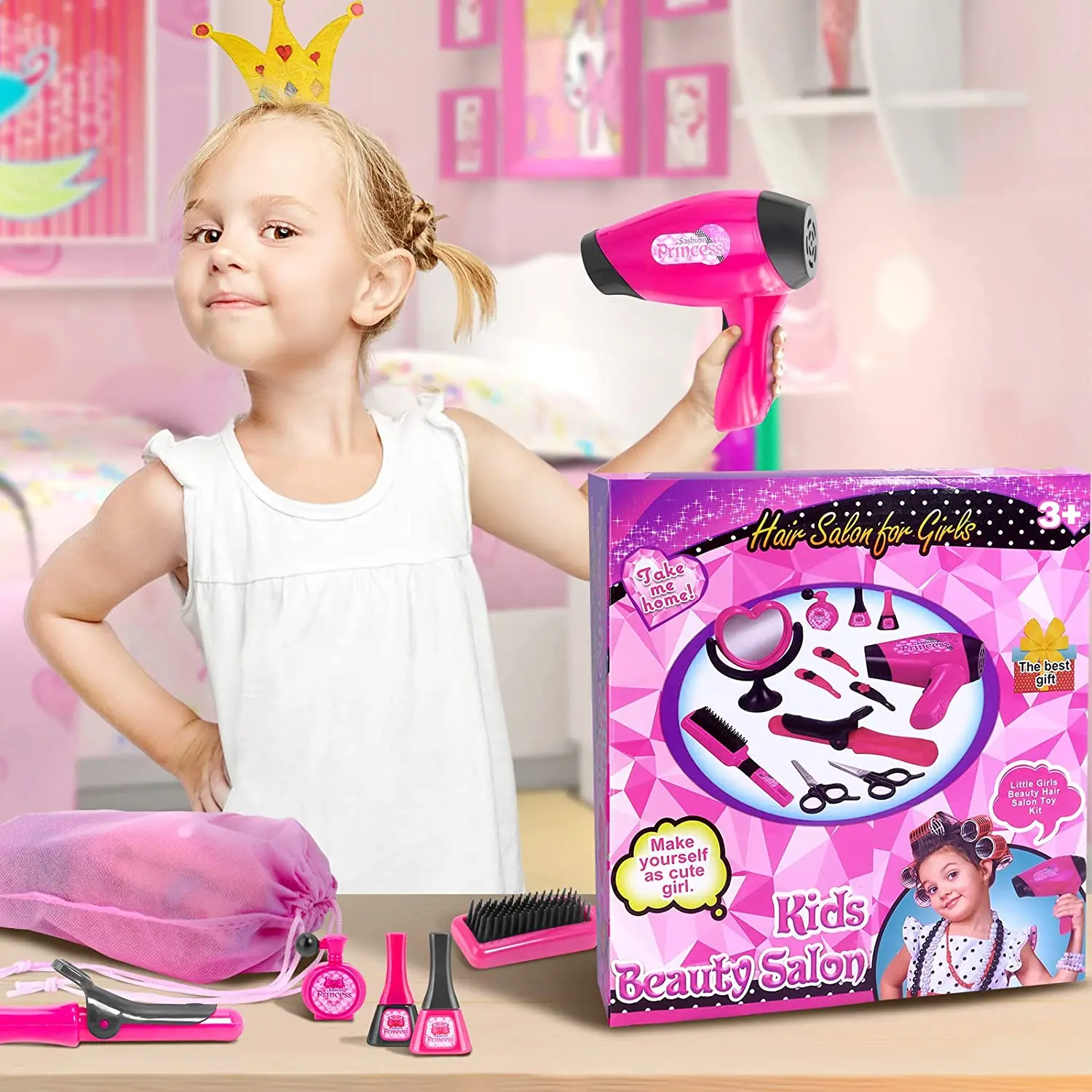 Girl Beauty Salon Set Pretend Play Hair Stylist Toy Kit with Barber Apron,  Dryer, Curling Iron, Mirror and Styling Accessories