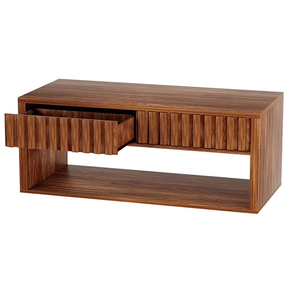 Mesa de café rectangular moderna de madera color marrón con cajones de estilo flautado y estantes de almacenamiento para muebles de sala de estar