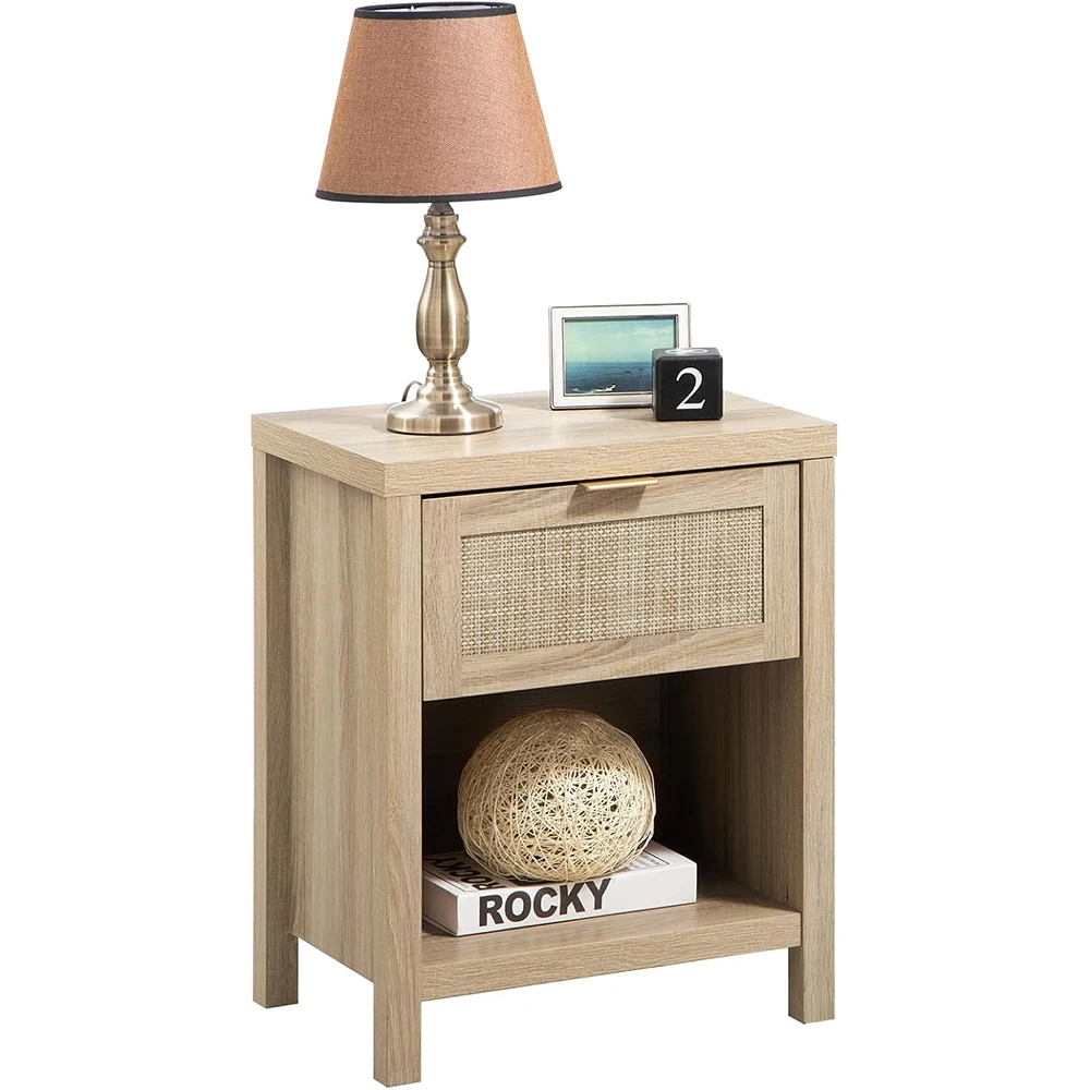 Modern Rattan Nightstands with Drawer & Open Shelf Farmhouse Boho Design for Bedroom and Living Room Light Oak