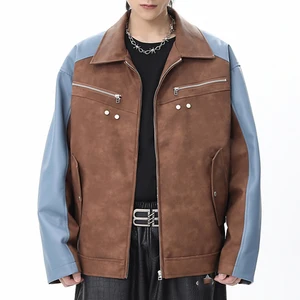 Vintage Men's Distressed Contrast Color Stitching PU Leather Jacket