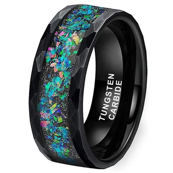 6mm 8mm Galaxy Opal Inlay Wedding Bands Comfort Fit Silver Black Hammered Tungsten Carbide Rings for Boy Girl