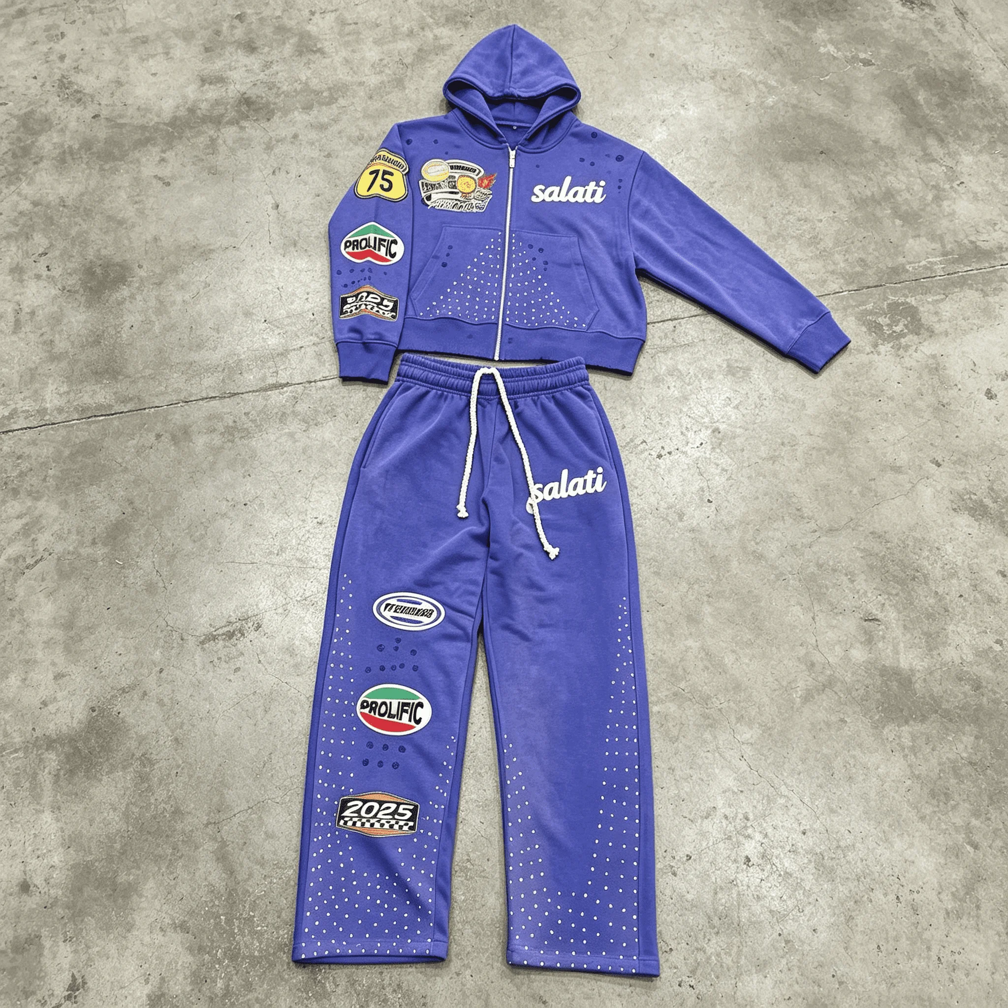 Bulk Blue Distressed Wash Hooded Sweatshirt Badge Patch Rhinestone Loose Fit Wide Leg Pants Casual Men Tracksuit Set