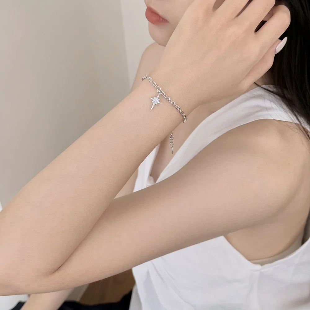 KAKODIY Women's Rhodium 18K Gold Plated Eight Point Star Bracelet 5A Zirconia Cross Tail Pendant Link Bracelet with Extender detail 3
